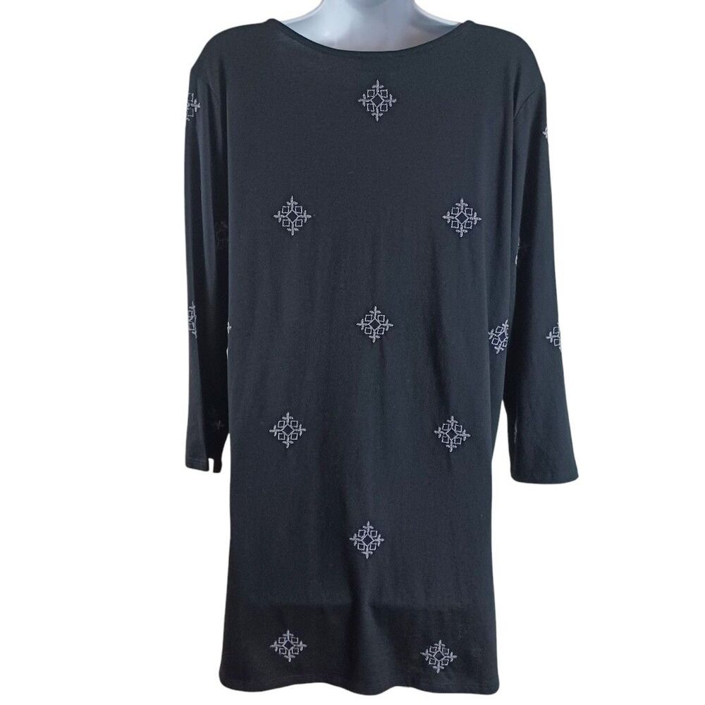 J. Jill Boho Embroidered Tunic Chic Top Sz M Black Boho V-Neck 3/4 Sleeve Cotton - Picture 6 of 9